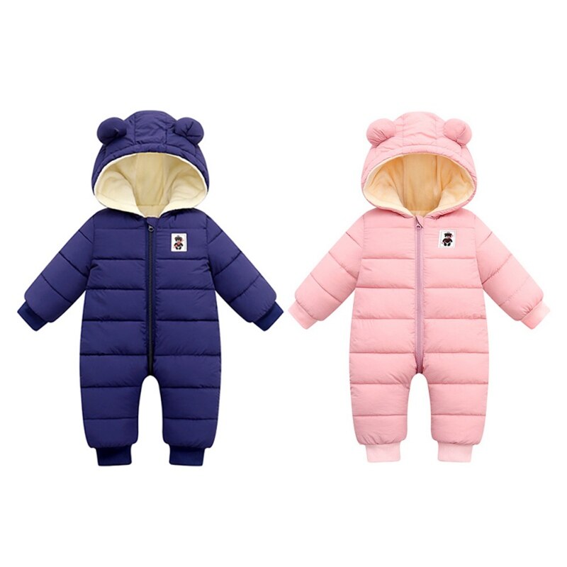 Casual Baby Meisjes Jumpsuit Jongens Lange Mouwen Cartoon Winter Down Cotton Hooded Warm Romper Crawl Pasgeboren Kids Dikke Kleding