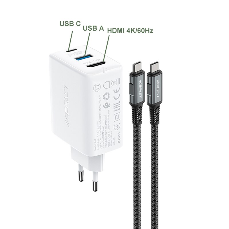 ACEFAST-estación de acoplamiento de TV Compatible con HDMI, cargador portátil GaN de 65W, 4K/60Hz, para Switch, 3 puertos tipo C, QC3.0, Notebook: EU White