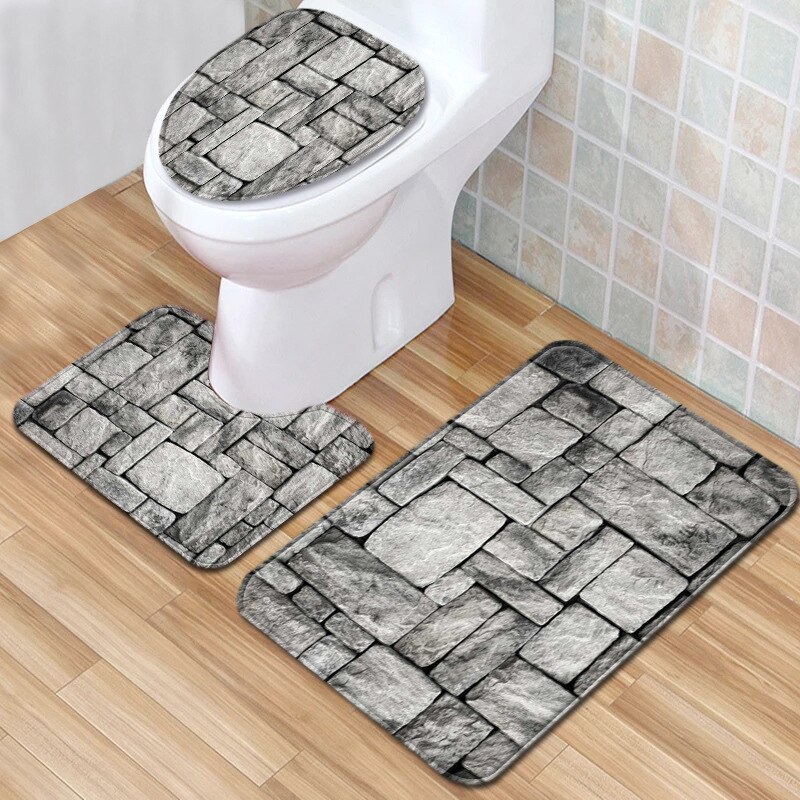 3 Piece Set Stone Printing Bath Mat Set Anti Slip Carpet Doormat Bathroom Cover Toilet Seat Mat Bath Rug Accessories for Toilet: A4 / 400MMx600MM