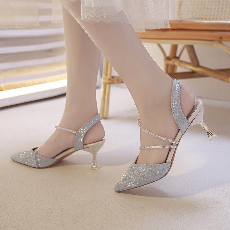 Sandales 34-42 taille pour femmes, 4cm talons hauts, chaussures de mariage argentées, chaussures de travail, escarpins à bout pointu, sandales 8086n femmes