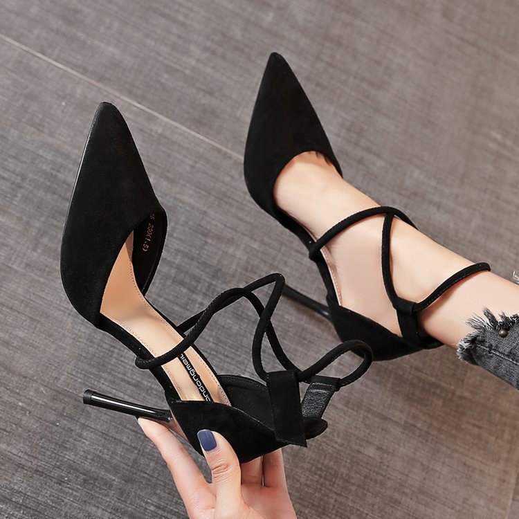 2024 nuevas sandalias romanas con tiras cruzadas, Zapatos De tacón alto De gamuza para Mujer, sandalias puntiagudas De tacón fino con hebilla De una línea, Zapatos De Mujer: Negro / 40