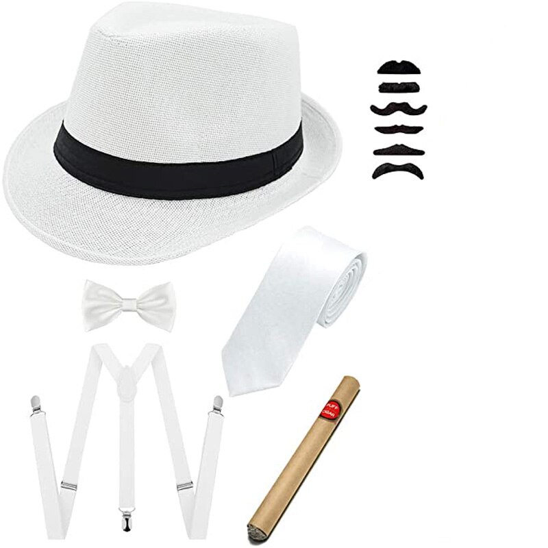Halloween menn 20s cosplay kostymer tilbehør 1920s tilbehør for menn gatsby gangster kostyme sett panama fedora hatt: Hvit