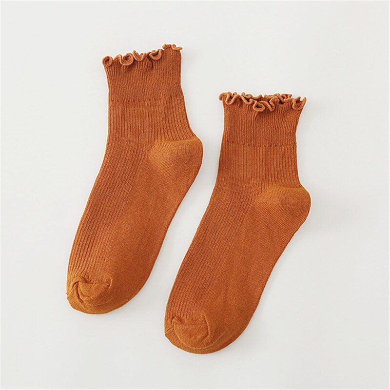 RMSWEETYIL Women Ruffle Frilly Socks Cute Lace Lettuce Kawaii Casual Solid Color Ladies Cotton Knit Ankle Low Cut Dress Sock: Socks 08
