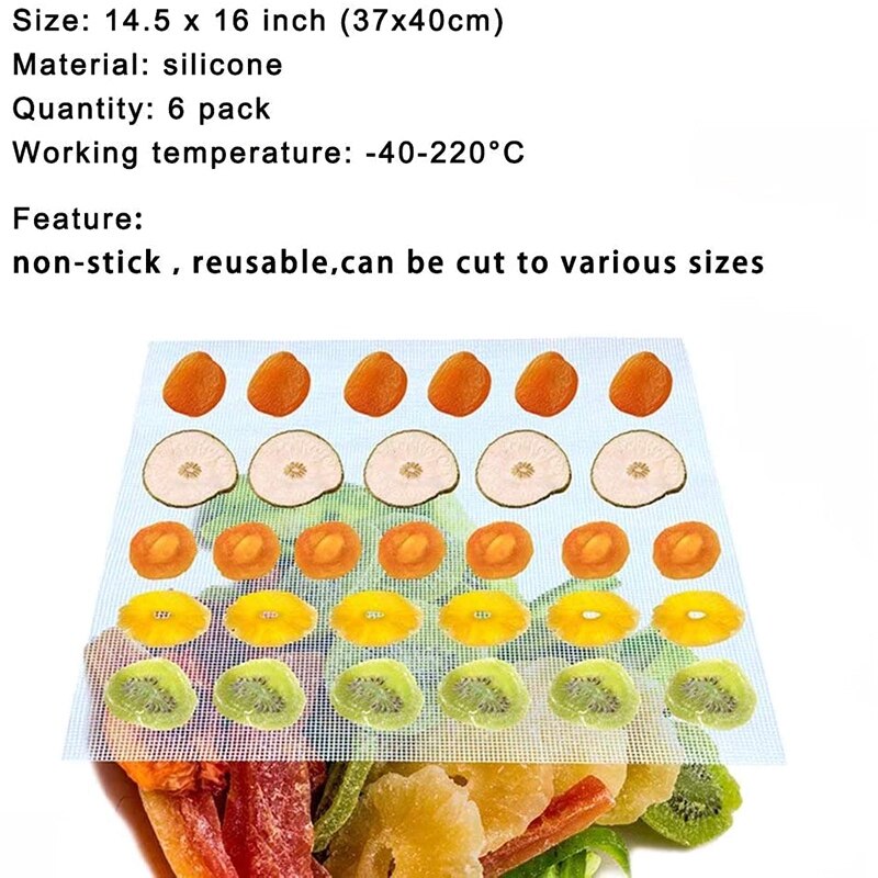 Food Dehydration Sheet, Mesh Dehydration Sheet, Dehydrated Fruit Pad, Flexible Dehydration Pad(6 Packs, 14.5X16 Inches)