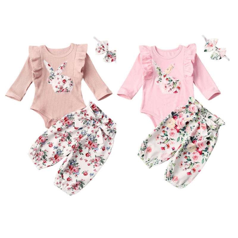 Baby Zomer Kleding Peuter Kids Baby Meisje Outfits Kleding Bunny Bloemen Romper Tops + Bloemen Broek Hoofdband 3 Pcs set