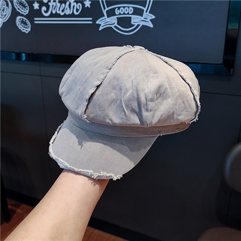 Chapeau coréen octogonal pour femme, Dongdaemun rétro, littéraire, lavage et vieux bords, béret de journal, printemps et été: GRIS