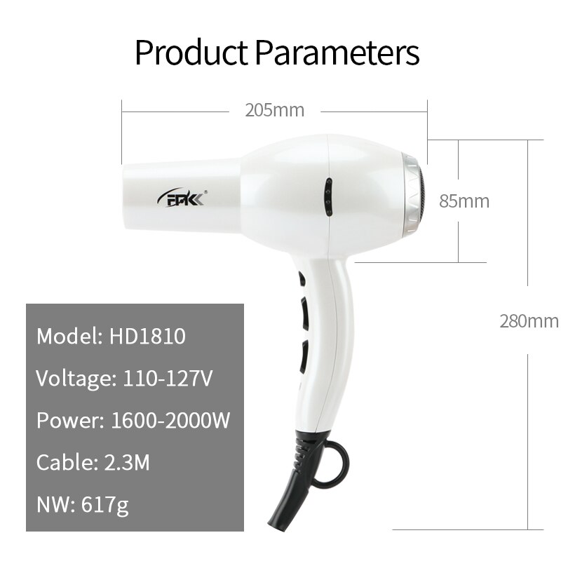 FMK 2000W Hair Dryer Ion 6 Speed Cool with Blow Dryer 110V-127V Wall Mounted Hairdryer Nozzle Hair Drier