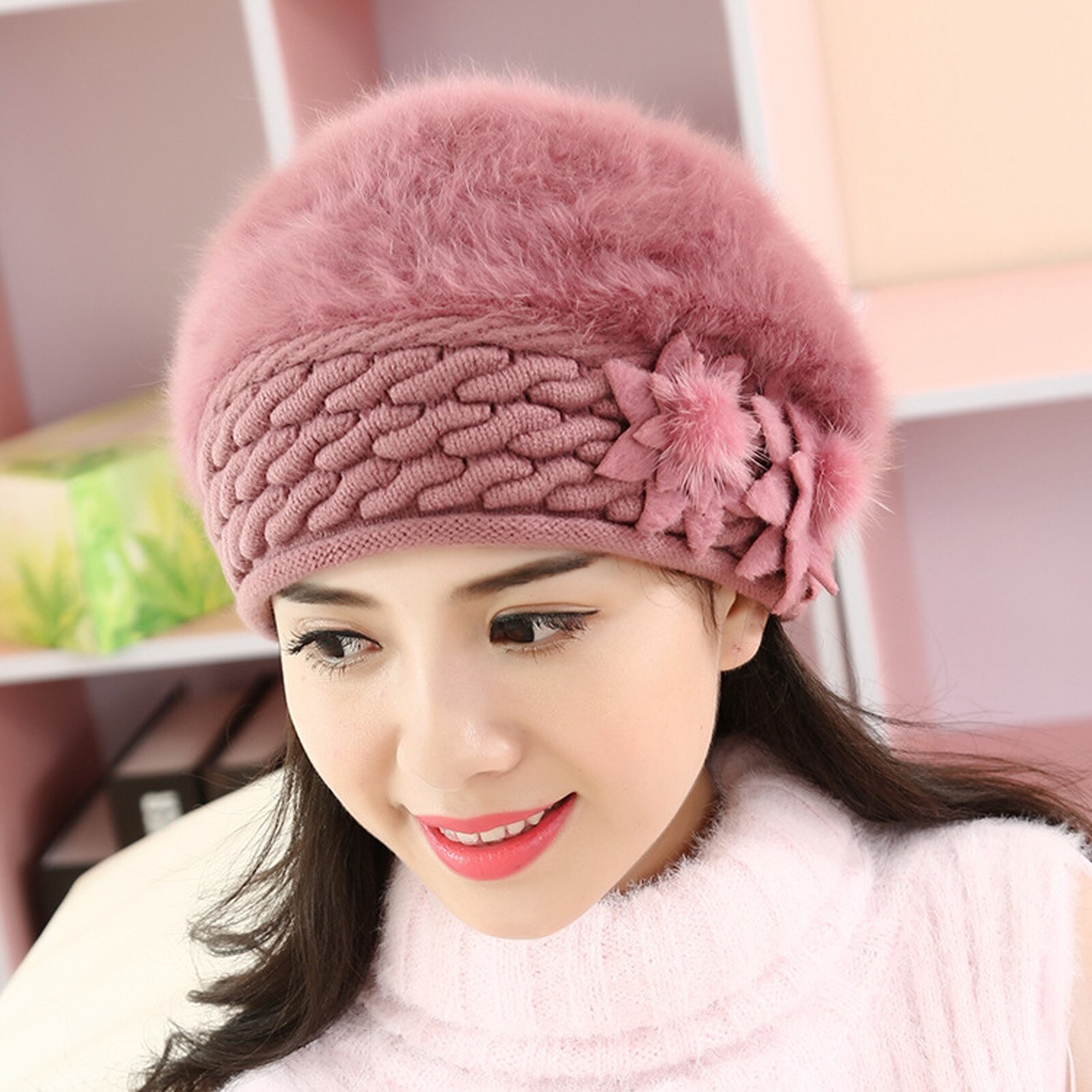 Beret Women Winter Hat Beanie Warm Knit Flower Double Layers Soft Thick Thermal Snow Skiing Outdoor Hats For Female Caps