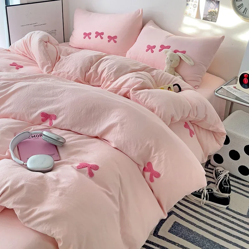Lindo juego de funda nórdica con lazos rosas, juegos de cama con bordado 3D, juego de cama rosa, cómodas fundas de edredón Queen suaves para niñas, niños y adolescentes
