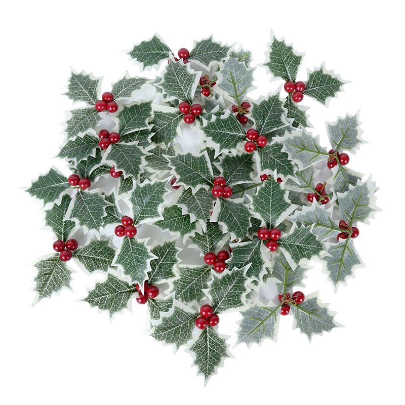 5/10Pcs Green Holly Leaf Leaves and Red Holly Berry Gold Cherry for Wedding Party Home Party Decoration DIY Christmas Wreath Dec: B02-5pcs