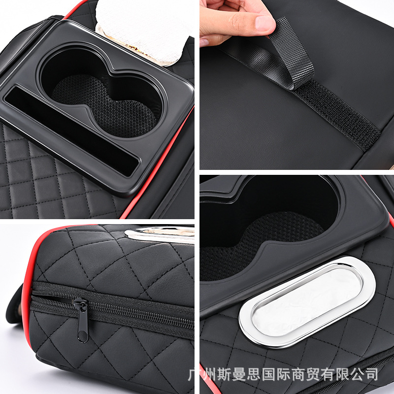 PU Leather Car Armrest Box Heightening Cushion with Cup Holder Tissue Box Side Storage Pocket Arm Rest Cover Height Pad