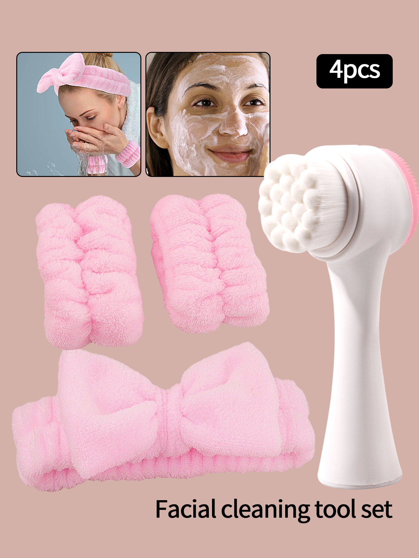 Spa-Stirnband zum Waschen des Gesichts, Hautpflege-Stirnband und Armband-Set, Gesichtsreinigungsbürste, 2-in-1-Hautpflege-Gesichtsbürste: Default Title
