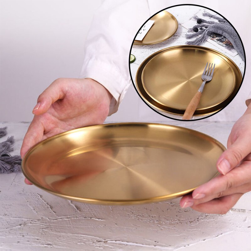 Stainless Steel Golden Plate Dessert Plate Western Food Plate Coffee Tray Jewelry Storage Cake Plate Disc Roast Barbecue Plate