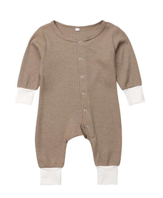 Mooie Patchwork Romper Baby Boy Katoen Jumpsuit Playsuit Lente Herfst Kleding Lange Mouw Mode Pasgeboren Romper: Bruin / 3M