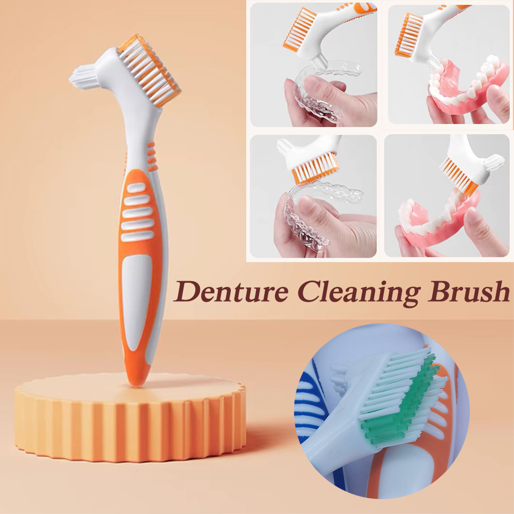 Escova De Limpeza De Dentadura com Punho Antiderrapante Escova De Dentes Antibacteriana, Cerdas Multi-Camada, Escova De Dentes Falsos, Ferramenta De Cuidados Orais, 2 Lados