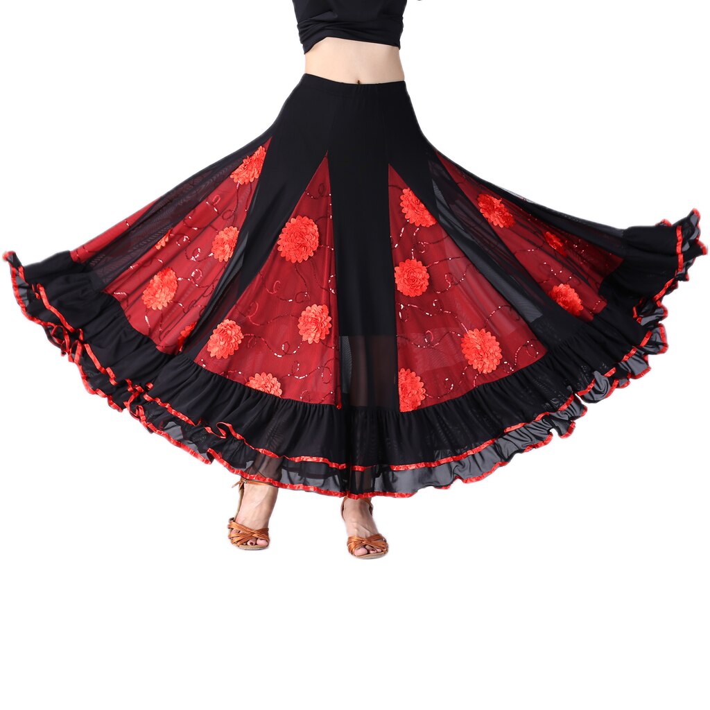 Flamenco Ballroom Waltz Dance Swing Skirt Sequin Flowers Party Dress: Red