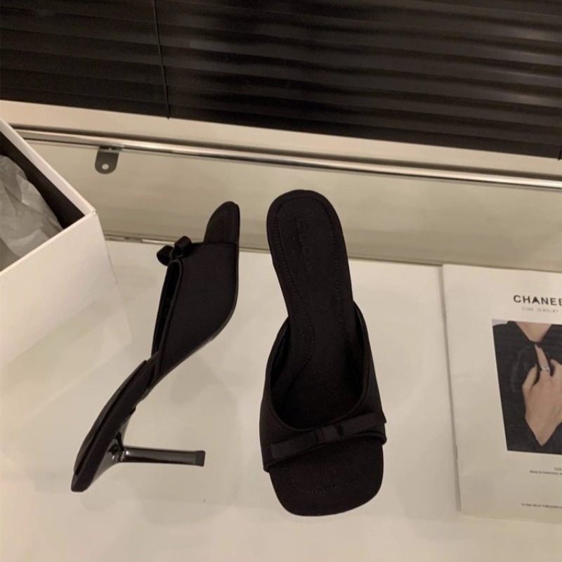 Mules de tacón alto bajo para mujer, sandalias con tiras y lazo, punta cuadrada, aspecto callejero, Verano: Negro / 39