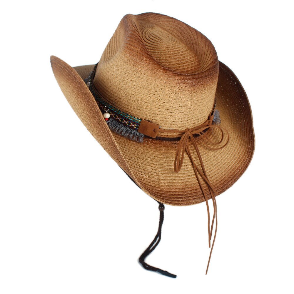 Chapeau de Cowboy occidental pour femmes, paille d&#39;été, style bohème, pour plage, Cowboy Jazz, taille 57-59CM