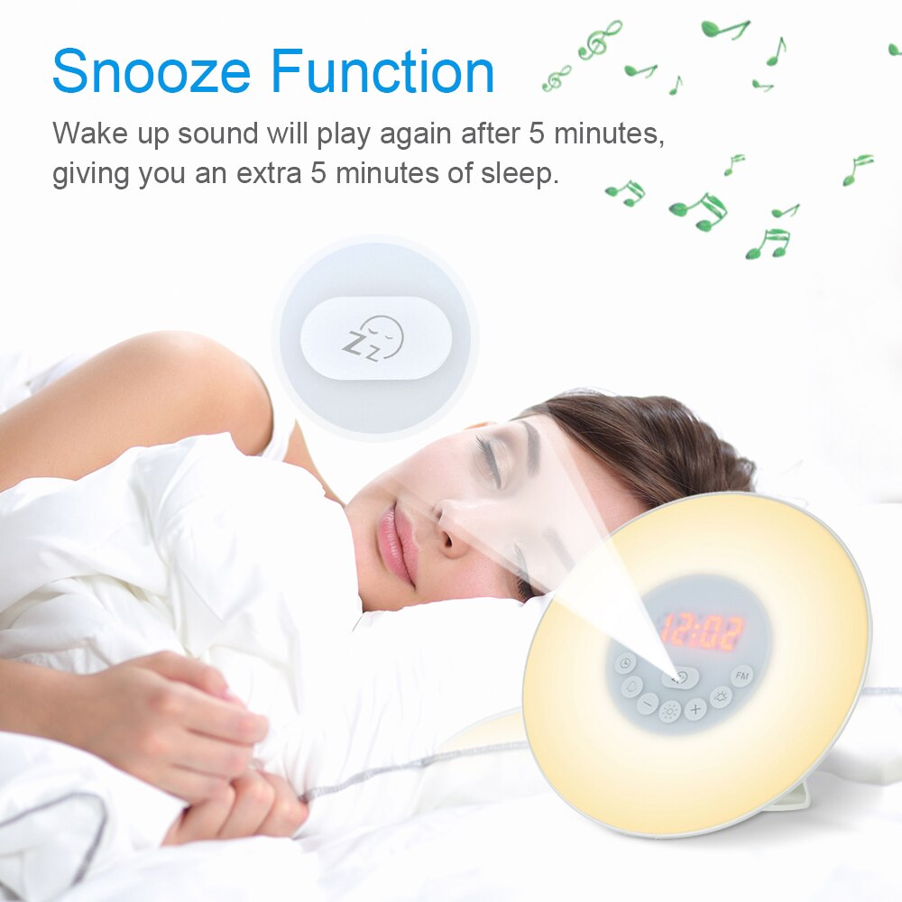 Wake Up Light Alarm Clock Sunrise/Sunset Simulation Digital Clock with FM Radio 7 Colors Light Sounds Function Touch Control