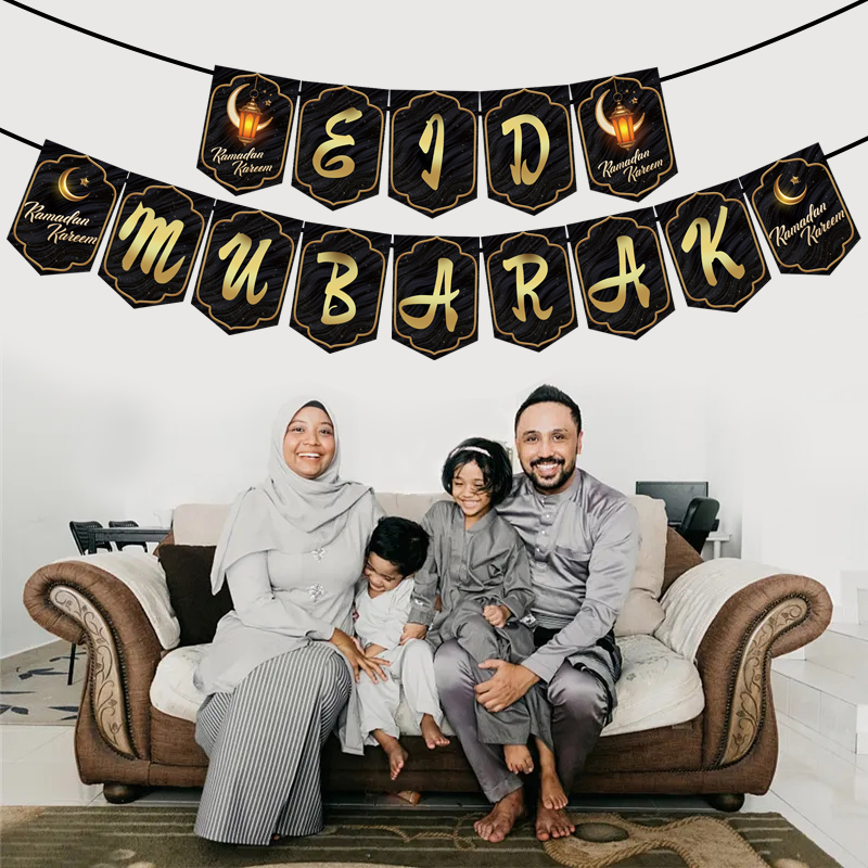 Guirxiété de banderoles Eid Mubarak, banderoles en papier avec lettres, décoration pour Ramadan Kareem, fournitures de fête musulmane islamique, , 2024
