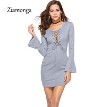 Ziamonga Lace Up Gebreide Trui Vrouwen Jurk Skinny Pull Knit Bodycon Winter Jurk Herfst Jumper Vintage Trui