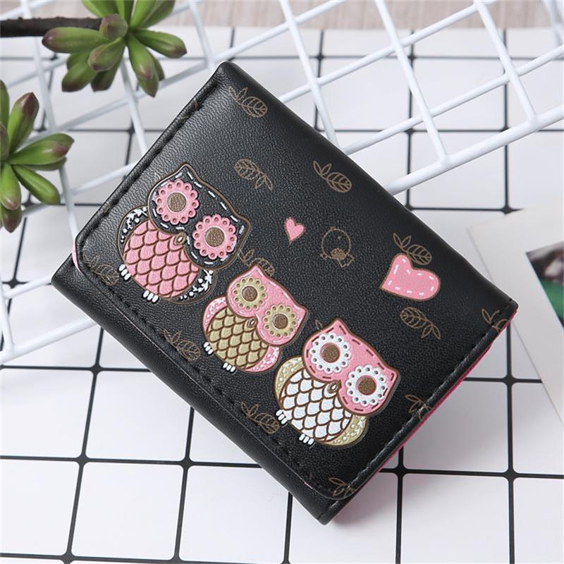 Mcneely uil patroon korte dames portemonnee meisje mini portemonnee rits pu leer dames studenten kaarthouder carteras: Zwart