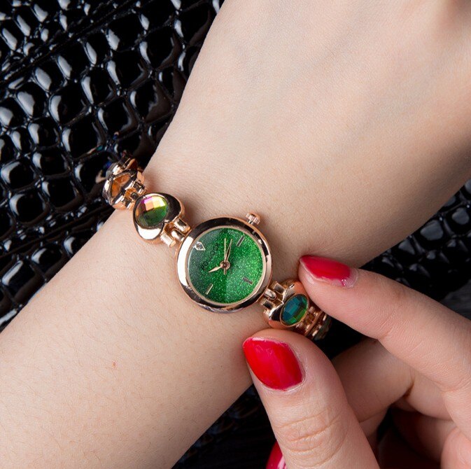 Horloge Vrouwen Goud Vintage Luxe Klok Vrouwen Armband Horloge Dames Luxe Roestvrij Staal Met Strass: green