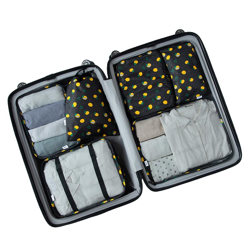 6Pcs/Set Waterproof Travel Bag Suitcase Packing Set Storage Organizer Portable Luggage Organizer Case Clothes Shoe Tidy Pouch: Black lemon