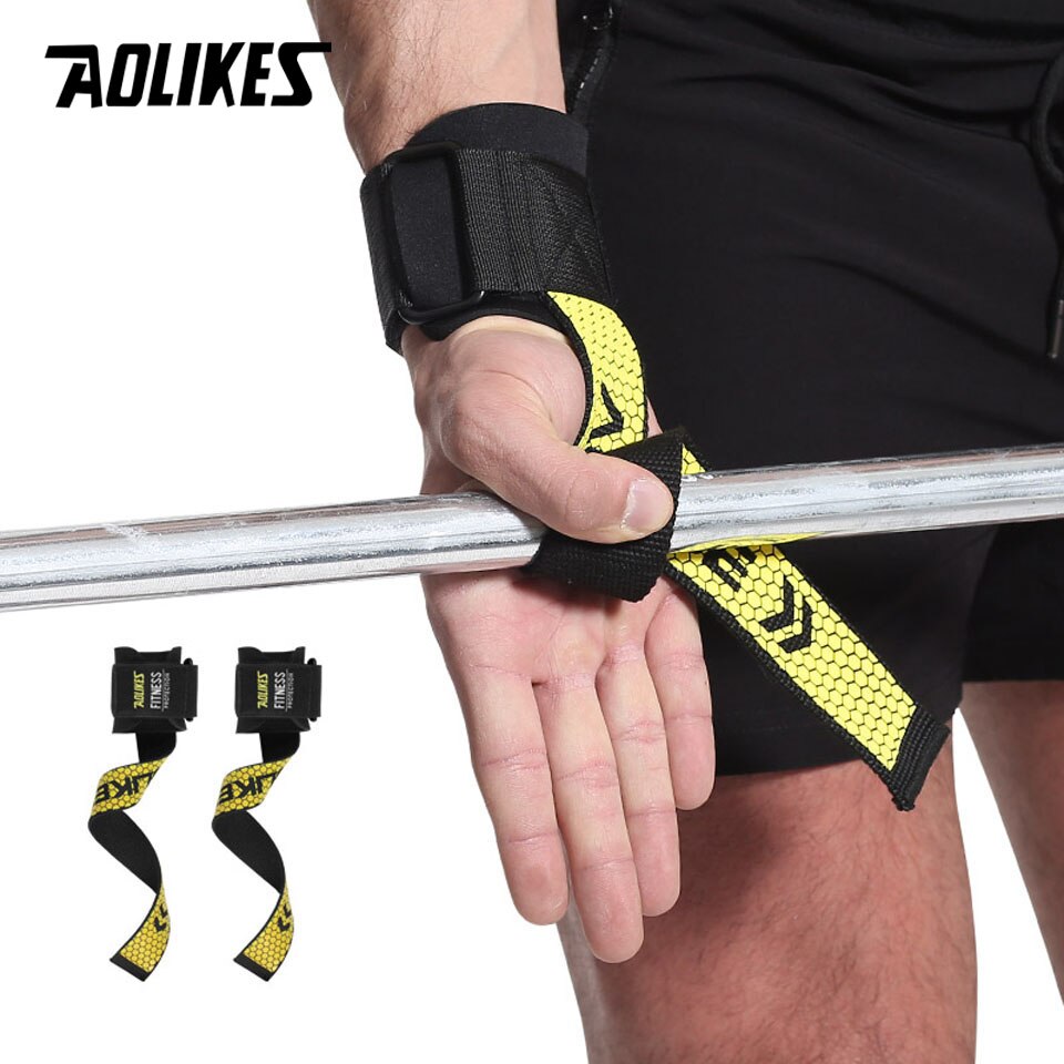 Aolikes 2 stk vægtløftning håndpude håndled wraps stropper handsker mænd gym støtte løftegreb bælte træning fitness vægt bodybuil: Gul