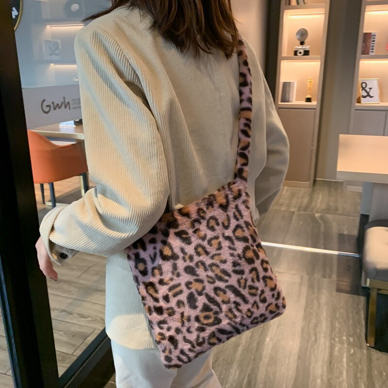 Women Fur Print Leopard Bag Ladies Winter Warm Crossbody Bags Famous Brand Large Capacity Shoudler Bag Clutch