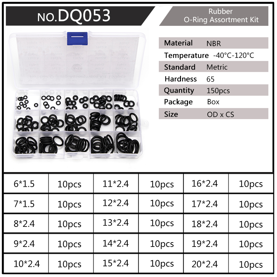 PCP DIY NBR Sealing O-rings Durable Gasket Replacements OD 6mm-20mm CS 1.5mm 1.9mm 2.4mm 15 Sizes Rubber Washer 225pcs/SET DQ003: DQ053 x1