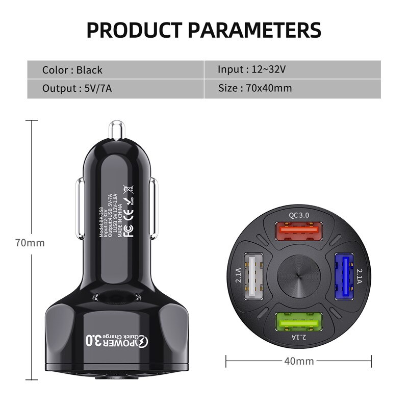 4 Poorten Usb Car Charger 48W Quick Charge 3.0 7A Mini Snel Opladen Voor Iphone Xiaomi Huawei Mobiele Telefoon charger Adapter In Auto