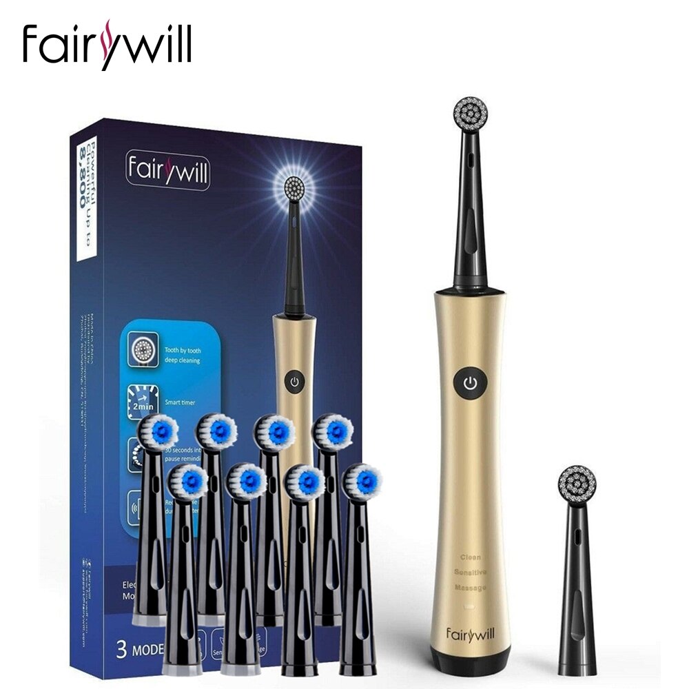 Fairywill Sonic Electric Toothbrush FW2205 USB Charge Rechargeable Replacement Heads Waterproof Smart Timer Whitening for Adult: 2205Gold-FW31x2