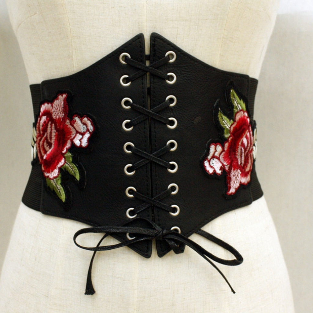 Fashionable Women’s Lace Tie Up Corset Ladies Wide Waist Waistband Rose Embroidered Black Leather Belt