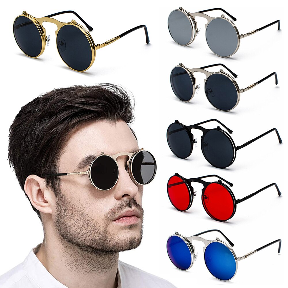 1 PC Vintage Punk Round Flip Up Sunglasses for Men Women Steampunk Driving Sunglasses Summer UV Protection Eyewear