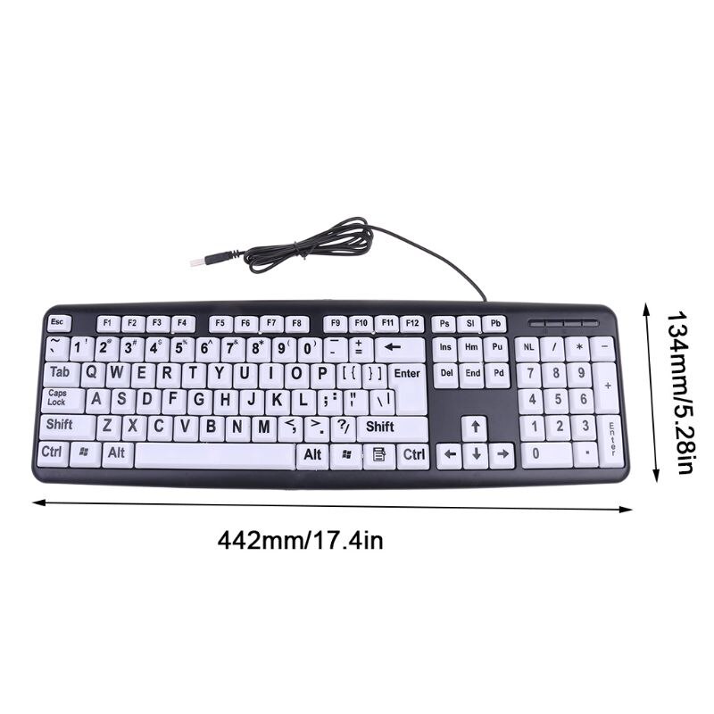 USB Wired PC Computer Game Gaming Keyboard High Contrast Large Print White Keys Black Letter for Old People Elderly Men