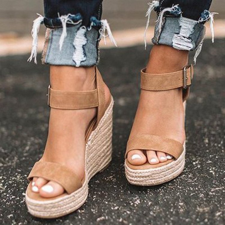 Sandalias romanas con plataforma y hebilla para mujer, cuñas, zapatos de verano,: Caqui / 38