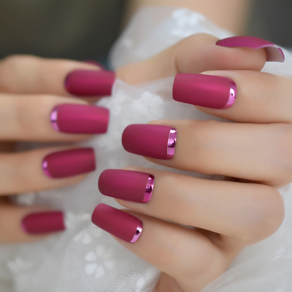 Vierkante Matte Metalen Nagels Cherry Rose Roze Layer Frosted Kastanjebruin Nagels Kunstmatige Acryl Druk Op Nagels