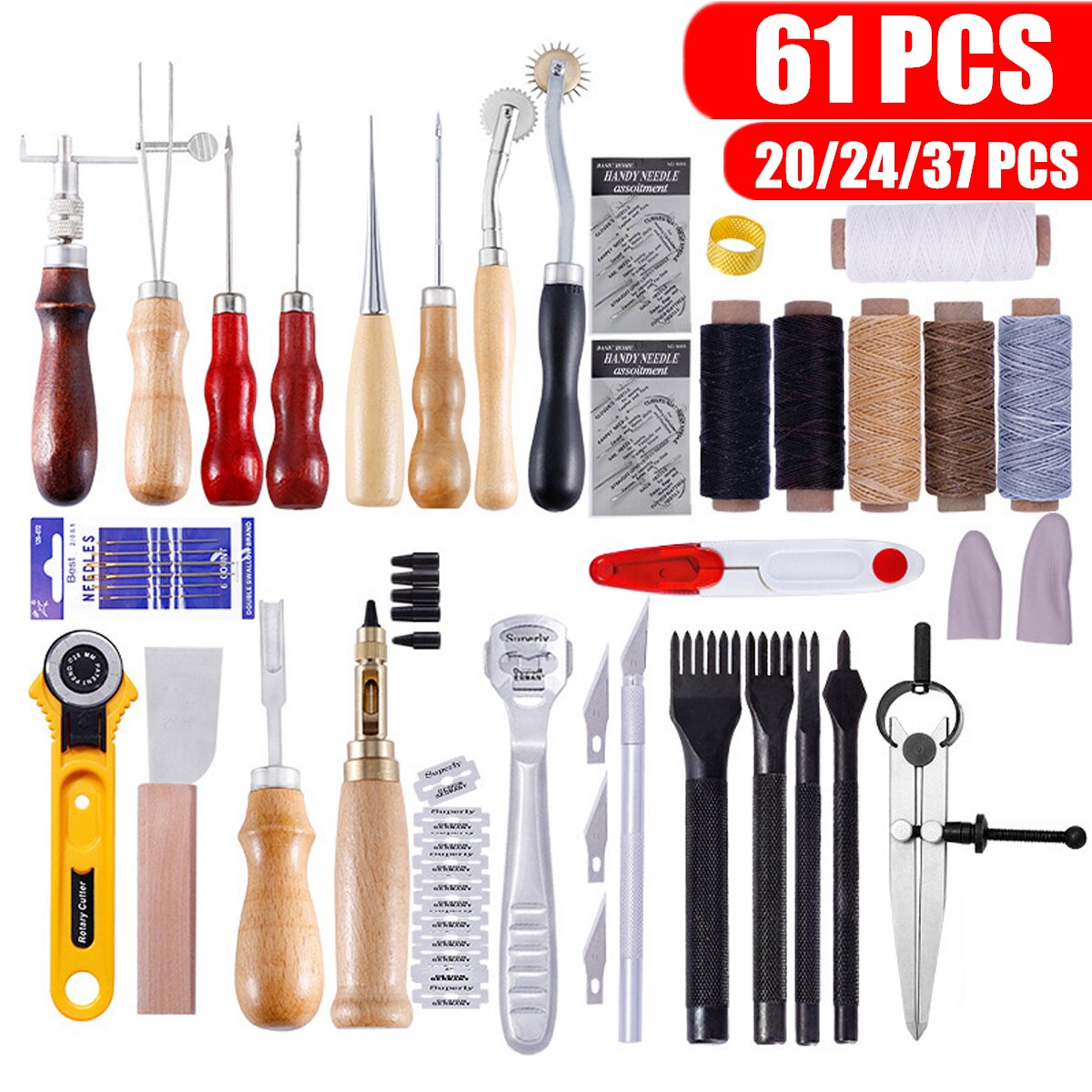 61Pcs Leather Craft Tools Set Hand Sewing Tool Kit Stitching Punch Carving Work Saddle Leathercraft Set
