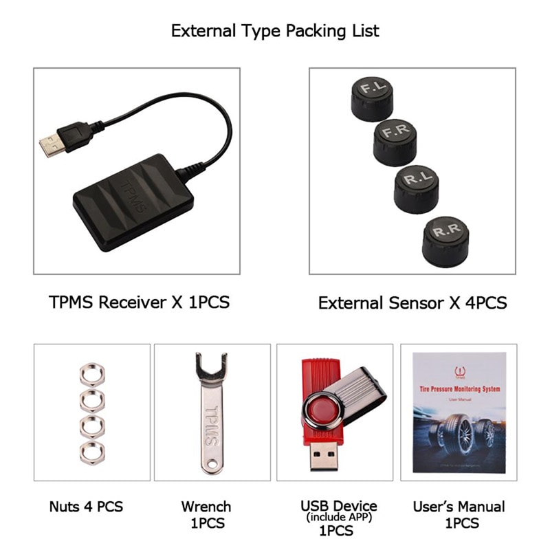 Bil tpms til android usb dæktryk overvågningssystem navigationsskærm trådløs automatisk dæktryk alarm