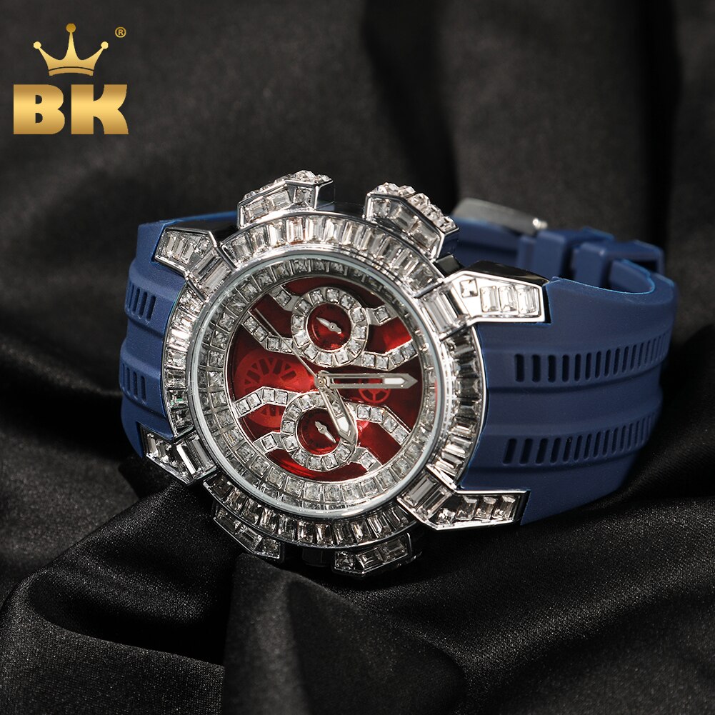 De Bling Koning Grote Dail Heren Horloge Met Wit Blauw Zwart Siliconen Riem Iced Out Baguette Zirconia Luxe polshorloge