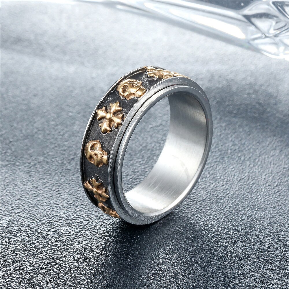 Anello da uomo in acciaio inossidabile 316L con teschio incrociato anello girevole stile Punk retrò gioielli moda Biker