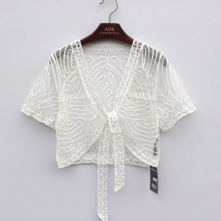 Blondekrog blomst vintage gennemsigtig bolero sjalfrakke med snøring til sommer gennemsigtigt kortærmet broderi tyndt mesh skuldertræk til kvinder