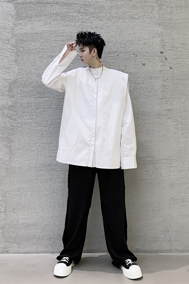 Camisa informal de manga larga con hombros anchos y cuello alto de color blanco para hombre, ropa de calle de Japón, vestido suelto a la , camisa, ropa para escenario
