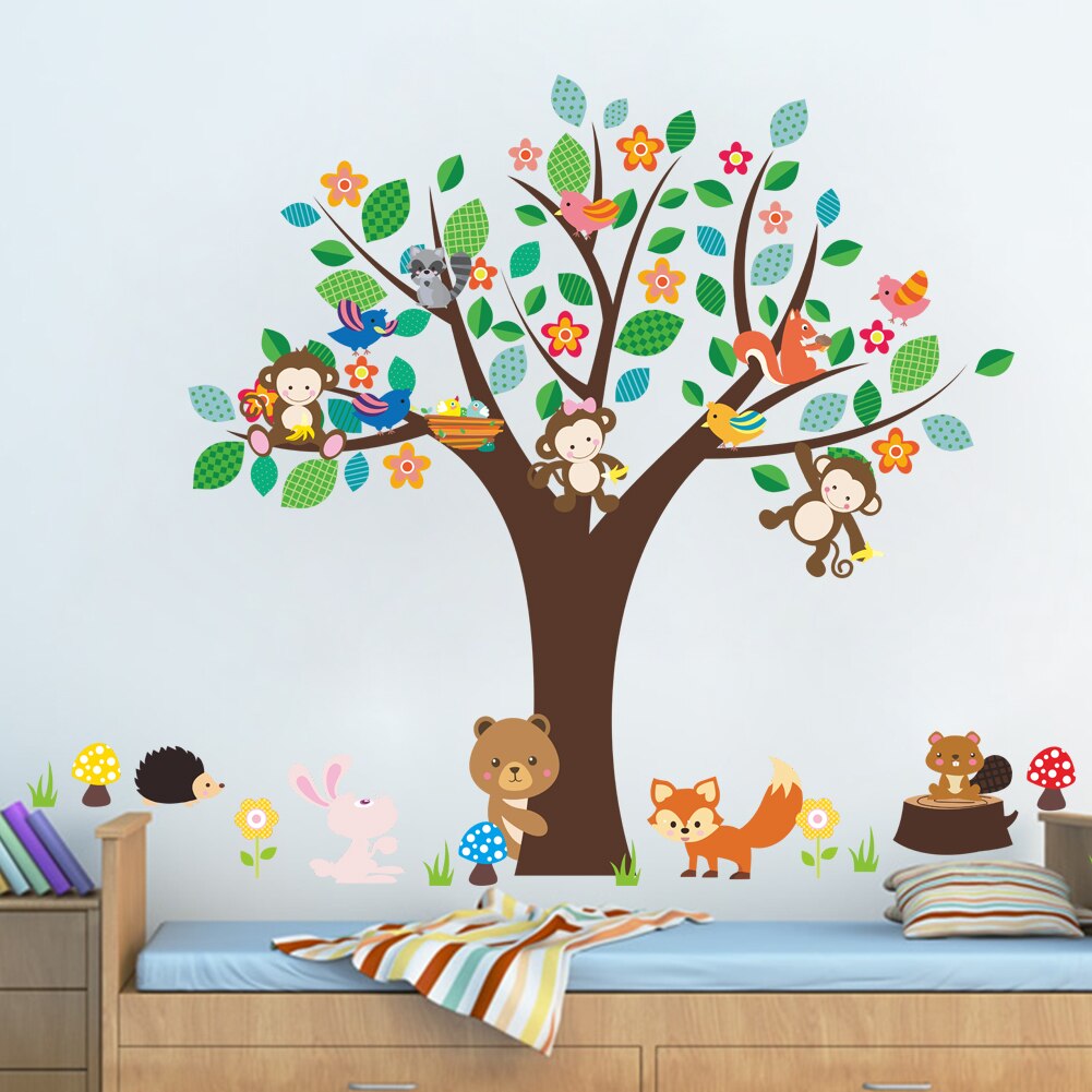 Bos dieren aap play onder bloem boom muursticker voor kids baby nursery kinderkamer decoraties decor thuis decal