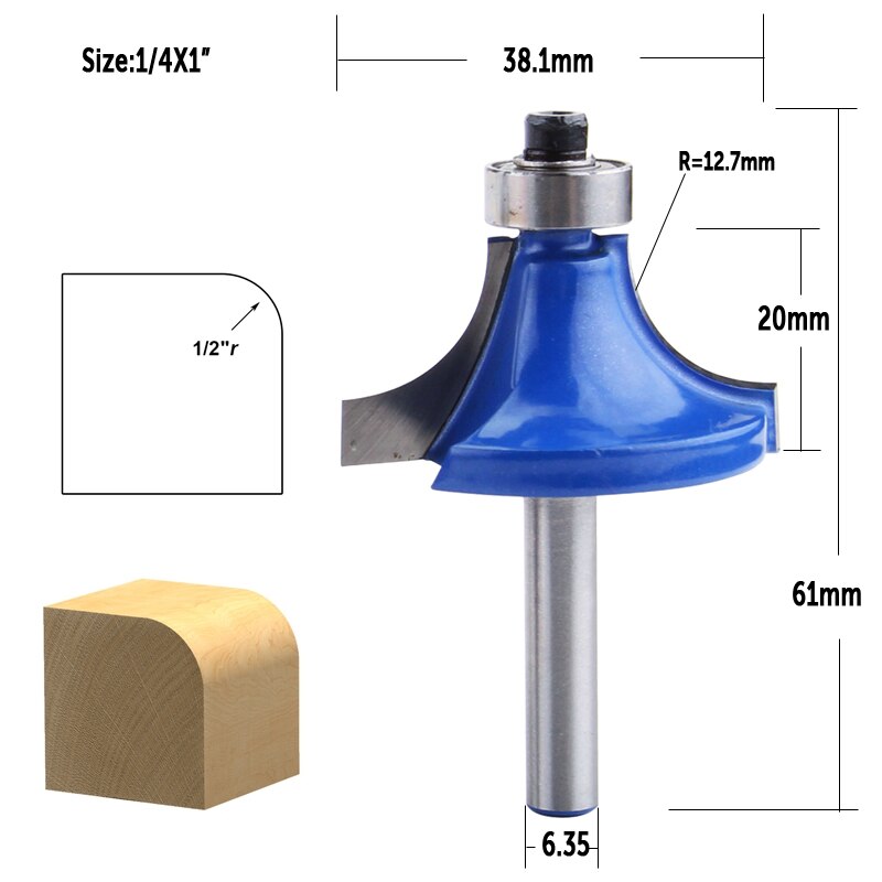 CHWJW 1/4&quot; Corner Round Over Router Bit with Bearing Milling Cutter for Wood Woodworking Tool Tungsten Carbide: 6.35mmX25.4mm