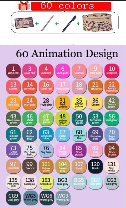 Touchfive Permanente Markers Alcohol Inkt Markers Borstel Dual Tips Professionele Tekening Marker Set Art 40/60/80/168 kleuren: 60 animer design
