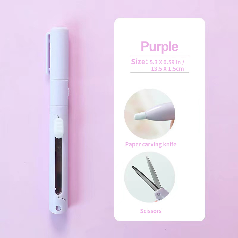Mini tijeras portátiles 2 en 1, cúter de papel, bolígrafo de bolsillo multifuncional con forma de álbum de recortes, herramientas de arte para tallado y corte, 1 ud.: Morado