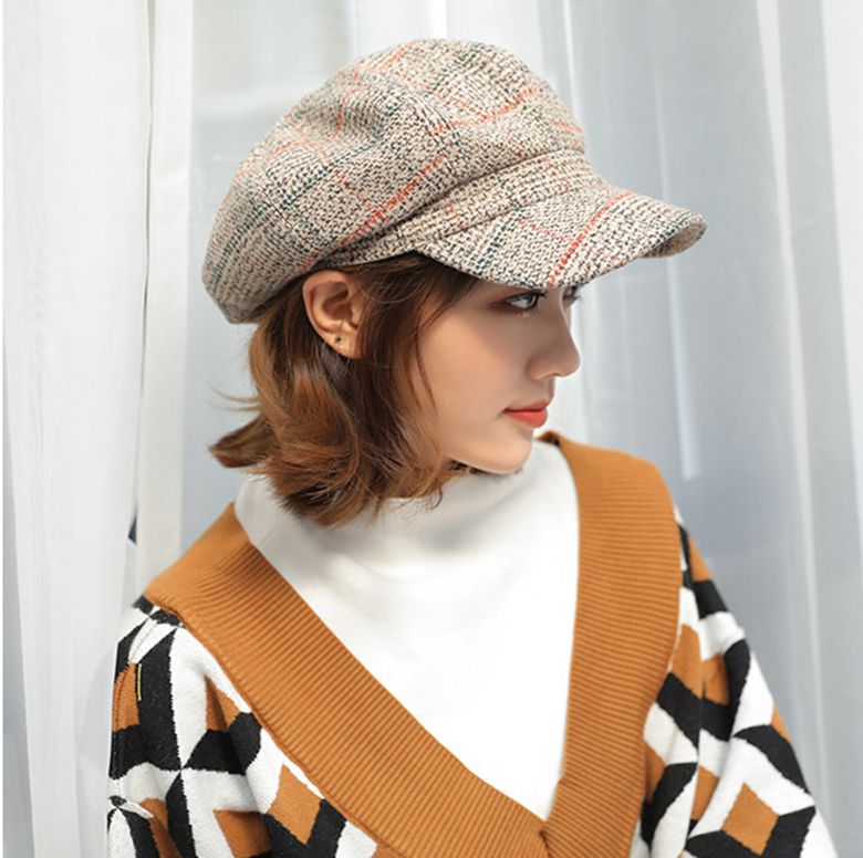 Casquete de tela a cuadros para mujer, gorra octogonal de otoño e invierno, sombrero de pintura de estilo Vintage, gorro de calle, gorra de vendedor de periódico