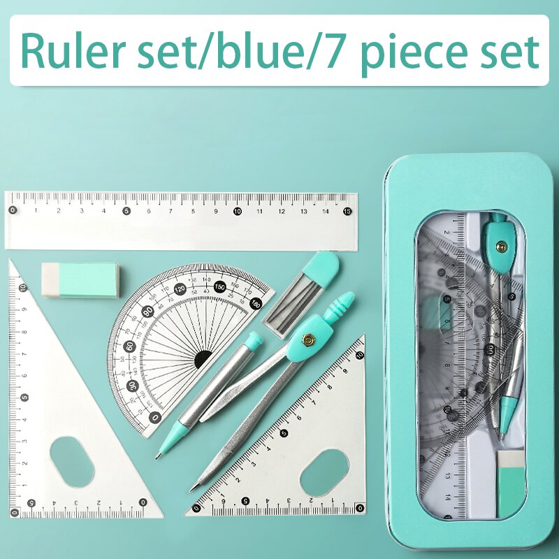 Zanken compasses Ruler Set Multi-function Ruler Ruler Ruler Triangle Metal Drawing Tool for Student Drawing: Blue 7 piece set